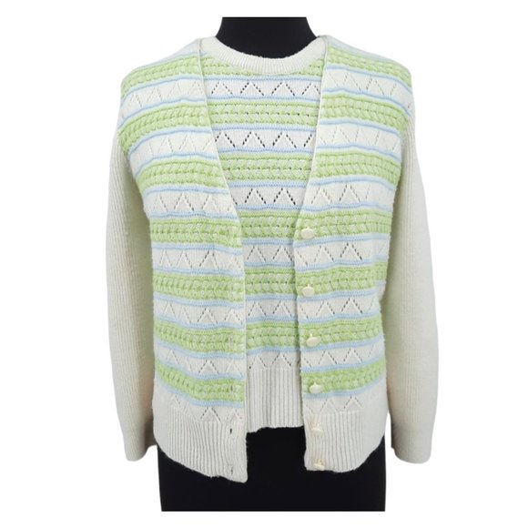 Vintage Sweaters - VTG 60s Wintuk Green Blue Stripe Sleeveless Knit Top Cardigan Twin Set Size S